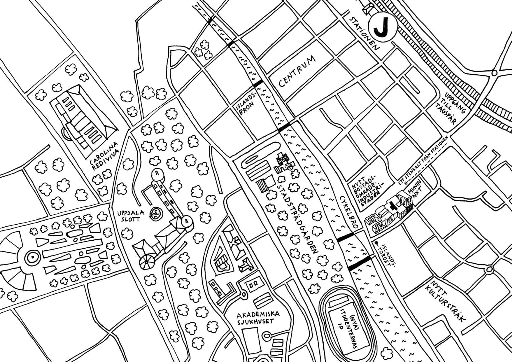 Handritad karta över centrala Uppsala. Munin NXT ligger sydost om centrum, öster om Fyrisån och ett kort stycke söder om Resecentrum. På andra sidan ån syns Stadsträdgården, Uppsala slott, Akademiska sjukhuset och Studenternas IP, och i väster Carolina Rediviva.