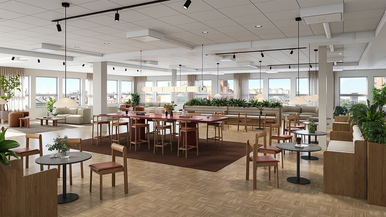 Visualisering av en loungeyta med fiskbensparkett, höga bord med barstolar, runda kafébord och sittbås med grönska. Fönster runt hela rummet med utsikt över staden.