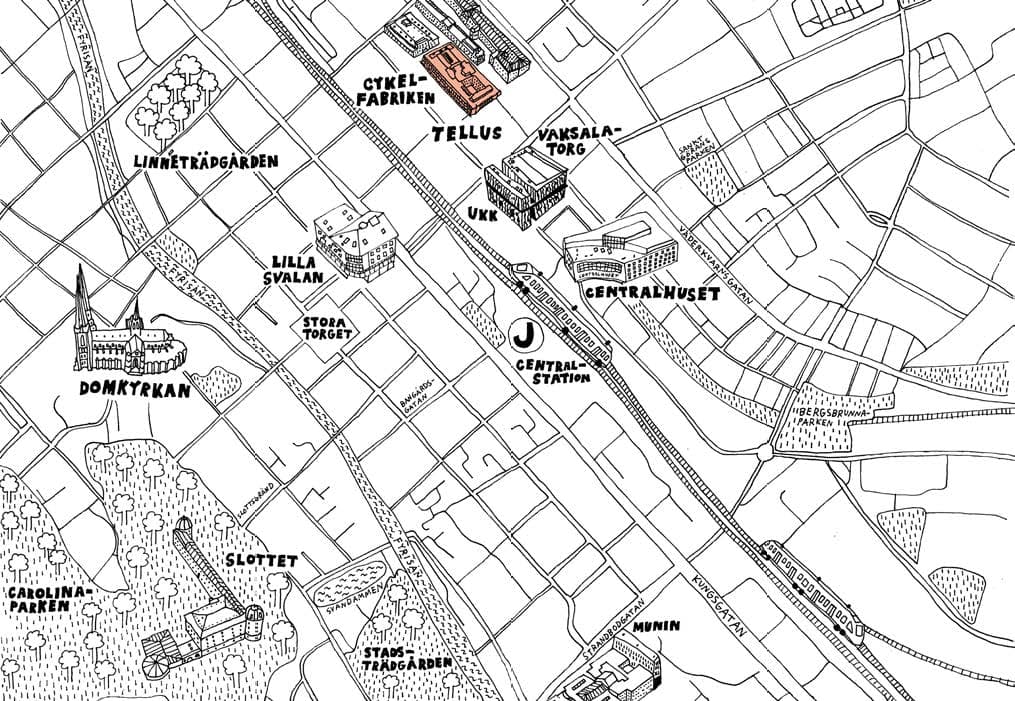 Handritad karta över centrala Uppsala. Kvarteret Cykelfabriken och Tellus är inringade nordost om järnvägen, nära Vaksala torg och Uppsala Konsert & Kongress. Domkyrkan, slottet och Centralstationen ligger i väster.