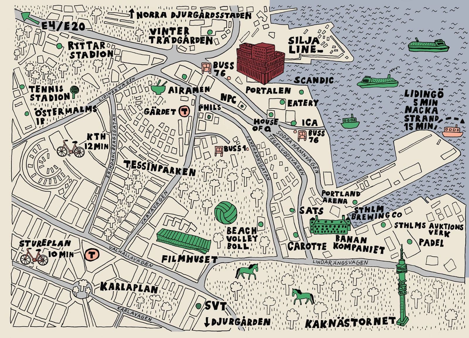 Handritad illustrerad karta över området kring Portalen i Värtahamnen, med närliggande service som caféer, gym och kollektivtrafik samt avstånd till Lidingö och Nacka Strand utmärkta.