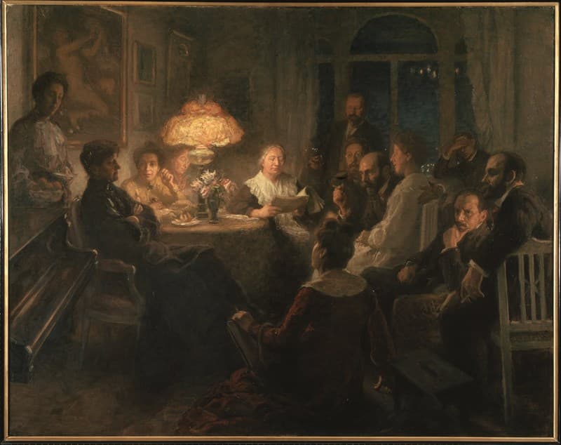 Ett dussin personer samlade kring ett bord i skenet från en bordslampa. En kvinna i mitten läser högt ur ett papper medan de övriga lyssnar. Oljemålning i mörka toner.